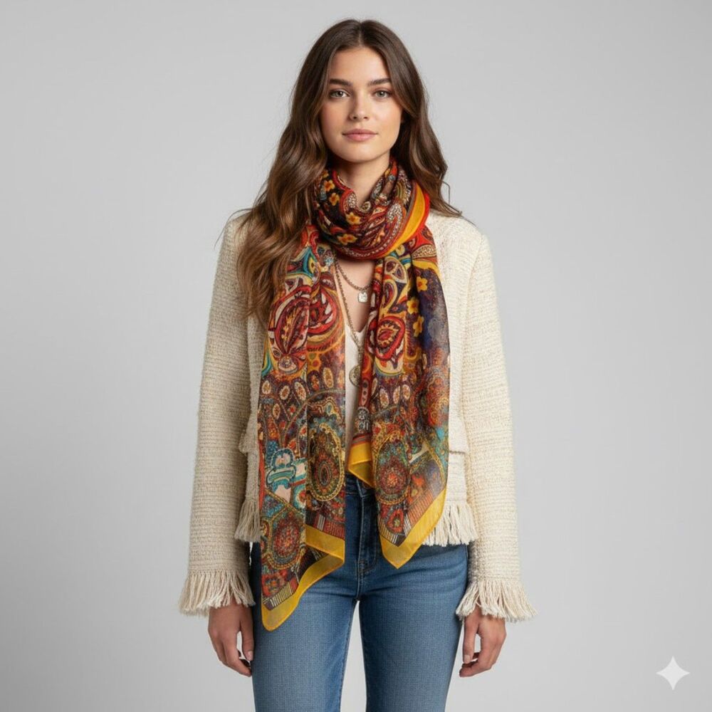Scarf Large Multi Color Orange Yellow Layering Paisley Scarf Shawl